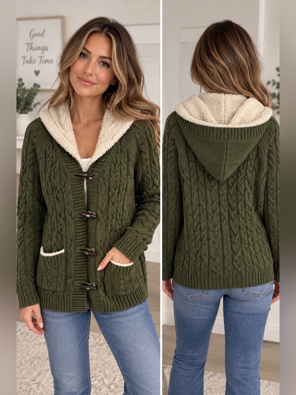 Cabela’s Olive Green Cable Knit Sherpa Hood Toggle Cardigan Sweater M